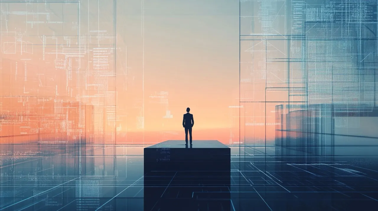 Person steht selbstbewusst auf einer minimalistischen Plattform — Symbol für die neue Ära der Softwareentwicklung